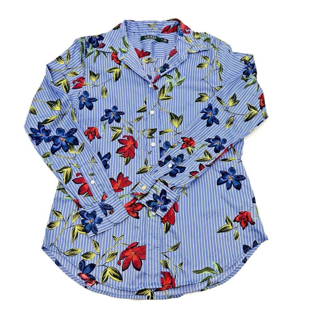 Lauren Ralph Lauren Floral Striped Button Up Shirt Blue White Women Small Cotton